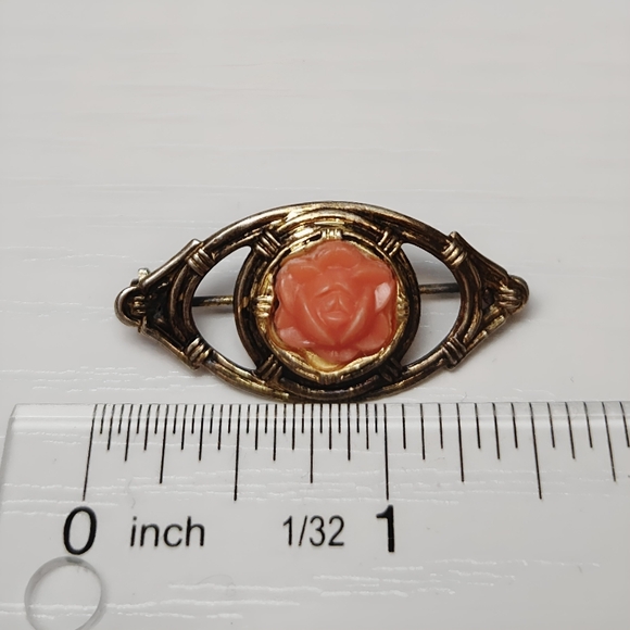 Vintage 1930's Sterling Silver Gold Vermeil Celluloid Coral Rose Brooch Pin - Picture 5 of 8